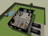 En 3D-ritning av ett modernt svart hus med pool, trädgård och två bilar på uppfarten.