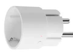 Vit smart kontakt för att styra eluttag med mobilen. En liten röd lampa indikerar status.