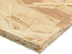 OSB-skiva med synlig struktur av träflis. Tjockleken på skivan är tydlig i snittet.