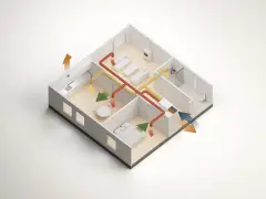 Illustration av ett hus med ventilationssystem som visar hur man kan isolera taket för att spara energi.
