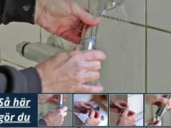 Här visar en person hur man byter duschslang. Flera bilder visar steg för steg hur man lossar och monterar.