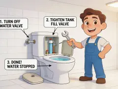 En glad rörmokare visar hur man fixar en rinnande toalett genom att stänga av vattnet och dra åt ventilen.