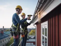 Två personer i varselkläder och hjälm arbetar på taket. En av dem borrar i takrännan, där träspån yr. De ser ut att fixa dubbla vindskivor på ett rött trähus.