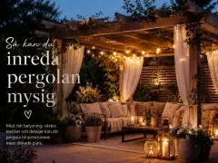 En mysig pergola med belysning, draperier och sittgrupp. Perfekt för sommarkvällar.