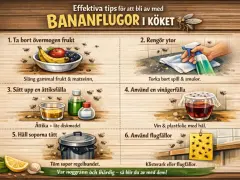 Effektiva tips för att bli av med bananflugor i köket: ta bort övermogen frukt, rengör ytor, sätt upp fällor med ättika eller vin. Töm soporna.