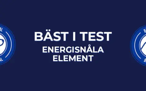Bästa i test: energisnåla element. Logotyp med en isbjörn och texten "Bästa Val" omger texten "Bäst i test energisnåla element".