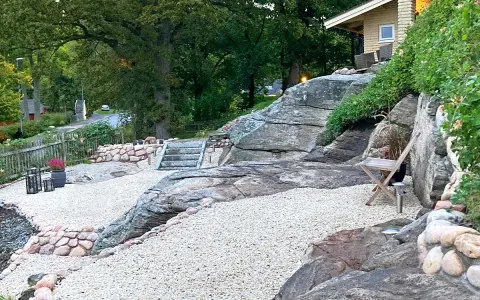 En stenlagd uteplats med grusgångar, stenmurar och trappor som leder upp mot ett hus. En inspiration för en naturlig och robust utomhusmiljö.