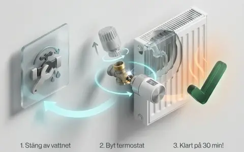 Steg-för-steg-guide för att byta radiator termostat. Stäng av vattnet, byt termostat, klart på 30 min!