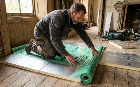 Man rullar ut grön ångspärr över isoleringsskivor för att isolera betonggolv.