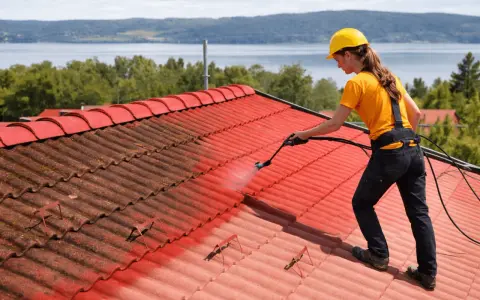 En person med gul hjälm sprutar vatten på ett rött tegeltak för att rengöra det. Taket ser ut att vara i behov av att måla furutak.
