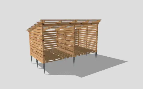 Enkel vedbod byggd av lastpallar, med tak av korrugerad plåt och pallgolv. Perfekt för att bygga vedskjul av lastpallar.