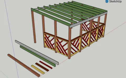 En 3D-modell av en altan med trästolpar, takbjälkar och dekorativa räcken. Bredvid altanen ligger byggdelar som ska användas för att rita altan i SketchUp.