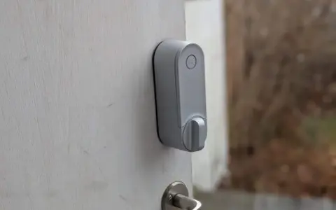 Grå Yale Linus-lås på en vit dörr. Kanske ett problem med installationen?
