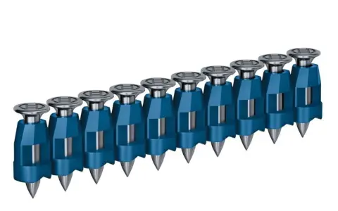 En rad blå spik för att spika i betong. Varje spik har en metallspets och en blå plastkrage.