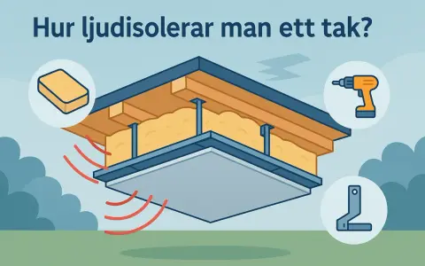 Illustration visar hur man ljudisolerar tak mellan våningar med isolering, skruvdragare och fästen.