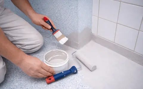 Person målar våtrumsmatta med pensel och roller. En hink med färg står bredvid.