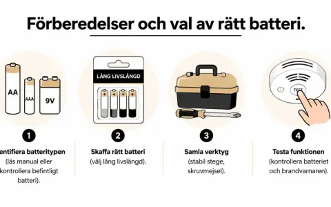 Bilden visar hur man förbereder och väljer rätt batteri. En brandvarnare piper trots nytt batteri? Följ stegen för att testa funktionen.