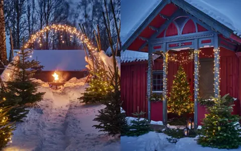 Varm julbelysning utomhus inspiration: snöiga stigar leder till en mysig eldstad och ett rött hus med julgranar.
