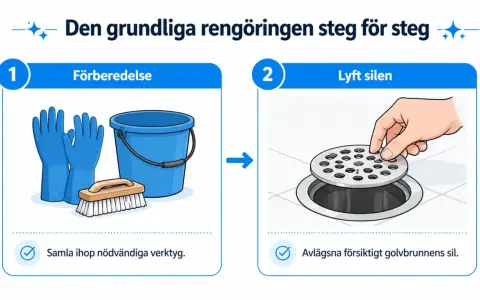 Steg 1: samla ihop handskar, hink och borste. Steg 2: lyft försiktigt golvbrunnens sil för att rensa golvbrunn.