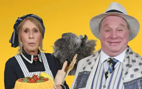 En kvinna i städkläder med en tårta och en man i hatt och kostym, som om de vore karaktärer från en lusthus ritning.