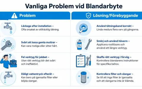 Vanliga problem vid byte av duschblandare: läckage, rostiga muttrar, fel verktyg, dåligt vattentryck. Lösningar: täta rätt, smörj, använd rätt verktyg, kontrollera filter.