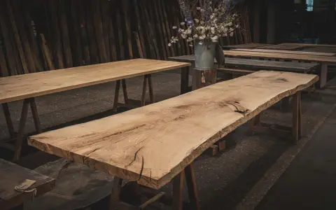 Råa ekbord med naturliga kanter, oljade och redo för utomhusbruk. En bukett blommor i en zinkhink står på ett av borden.