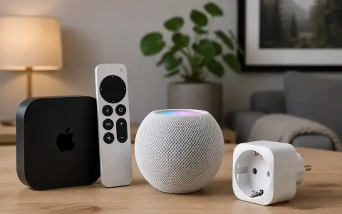 Apple TV, Siri Remote, HomePod och en smart plugg för ett smart hem.