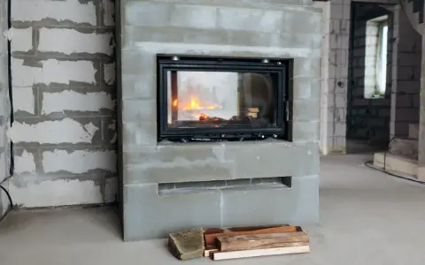 En nyinstallerad kamin med eld i. Byggarbetsplats med tegelväggar och golv.