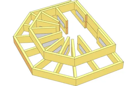 Träkonstruktion för en svängd trappa som leder upp till en altan.