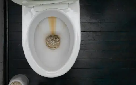 En smutsig toalett med kalkavlagringar. En pimpsten toalettborste står bredvid.