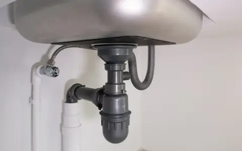 Under diskbänken syns avloppsrör och vattenanslutning. En böjd slang leder bort vatten, men det ser ut som att det kan bli ett stopp i vasken.