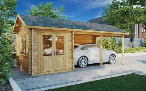 En vit bil parkerad under ett träcarport bredvid ett garage. Perfekt för att bygga garage och skydda bilen.