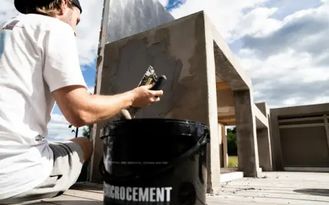 Man applicerar microcement utomhus på en betongkonstruktion. En hink med "Microcement" syns i förgrunden.