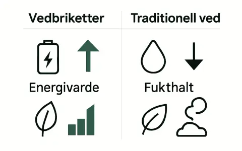 Jämförelse av vedbriketter och traditionell ved. Vedbriketter har hög energivärde, medan traditionell ved har högre fukthalt.