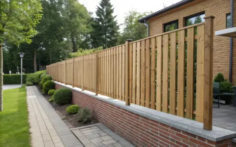 Ett nytt, modernt staket av trä reser sig över en låg tegelmur. Grönskande buskar och en stenlagd gång kantas av det vackra staketet.