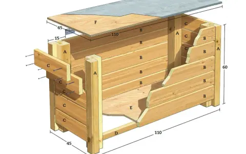 Detaljerad ritning för att bygga en dynbox i trä. Visar stomme, sidor, lock och mått.
