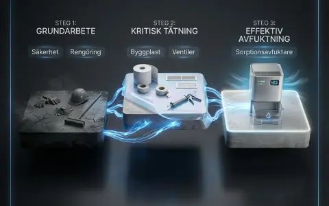 Steg för att skapa en torr krypgrund: grundarbete, tätning med byggplast och ventiler, samt effektiv avfuktning med en sorptionsavfuktare.