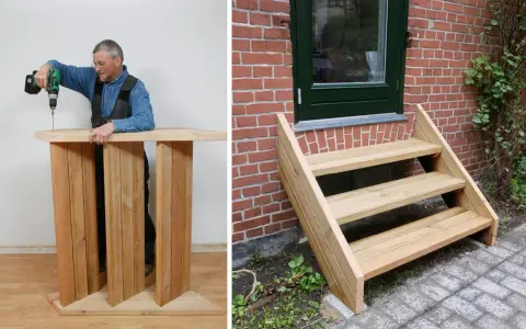 Man bygga trappa utomhus. En färdigbyggd trätrappa leder upp till en dörr.