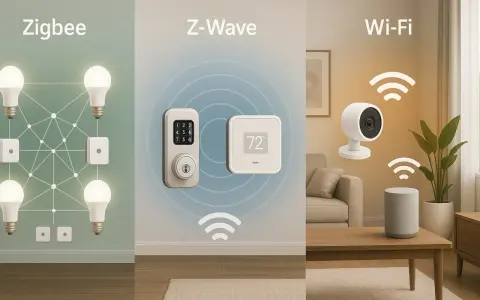 Z-Wave-teknik visar ett smart lås och en termostat. Zigbee visar lampor och brytare. Wi-Fi visar en kamera och högtalare.