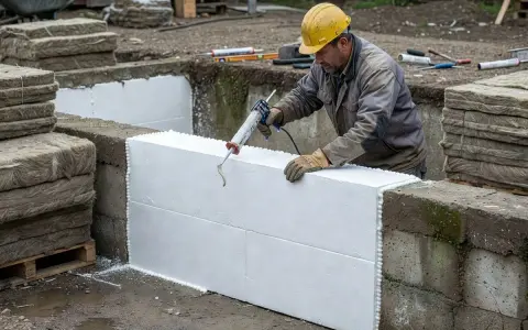 Bygger grund med isolering av cellplast. En man med gul hjälm applicerar fogskum för att fästa isoleringen.
