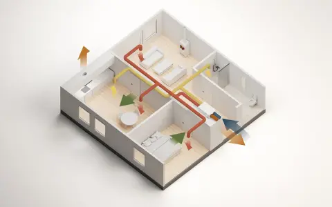 Illustration av ett hus med ventilationssystem som visar hur man kan isolera taket för att spara energi.