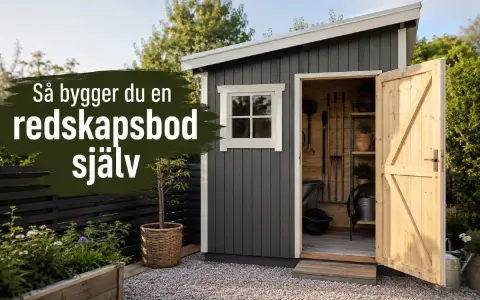 En mörkgrå redskapsbod med öppen dörr visar trädgårdsredskap. Texten "Så bygger du en redskapsbod själv" syns.