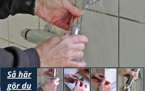 Här visar en person hur man byter duschslang. Flera bilder visar steg för steg hur man lossar och monterar.