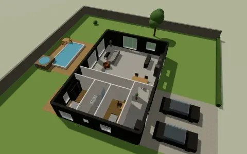 En 3D-ritning av ett modernt svart hus med pool, trädgård och två bilar på uppfarten.
