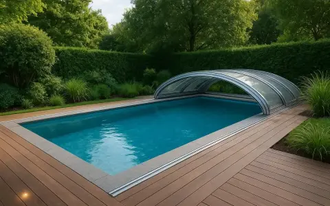 En pool med tak i en lummig trädgård. Taket kan vara en investering som minskar pool kostnad för uppvärmning och underhåll.