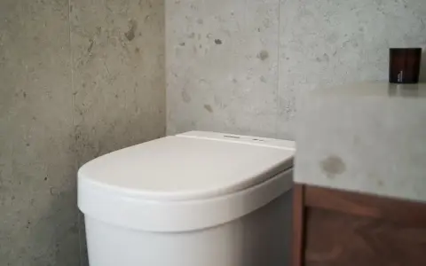 Modernt badrum med en vit toalett utan avlopp, grå kaklade väggar och ett handfat i betong.