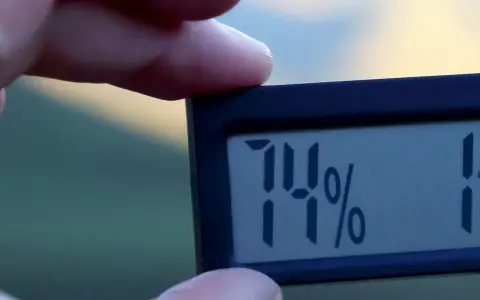 En digital hygrometer visar 74% luftfuktighet inomhus.