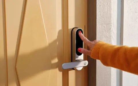 En hand med orange tröja använder fingeravtrycksläsaren på ett modernt dörrlås. Kanske ett nimly touch pro problem uppstod?