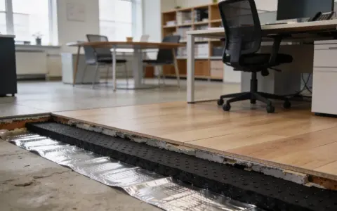 Detaljerad vy av ljudisolering golv med trägolv ovanpå. Ett kontor med möbler syns i bakgrunden.