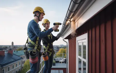 Två personer i varselkläder och hjälm arbetar på taket. En av dem borrar i takrännan, där träspån yr. De ser ut att fixa dubbla vindskivor på ett rött trähus.